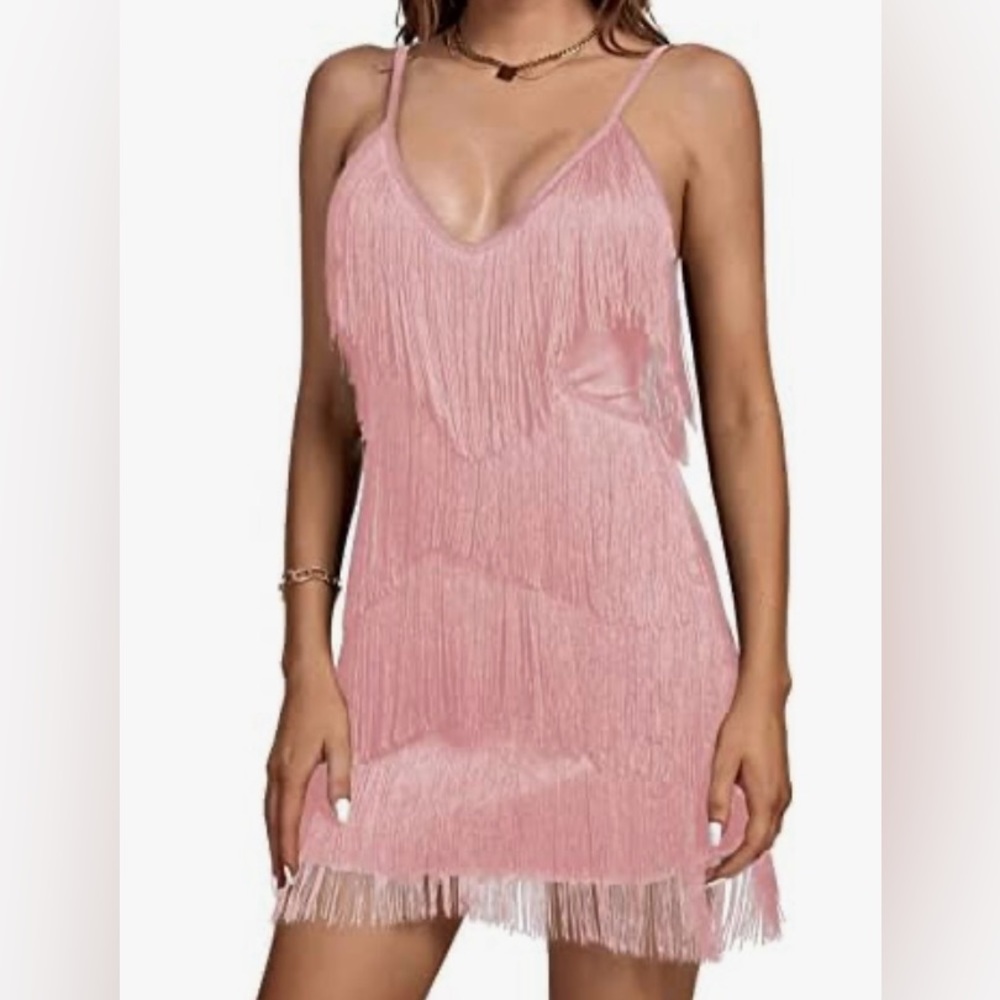 Medium Women’s Layered Fringe Deep V Neck Cami Mini Dress Flapper Dress.
